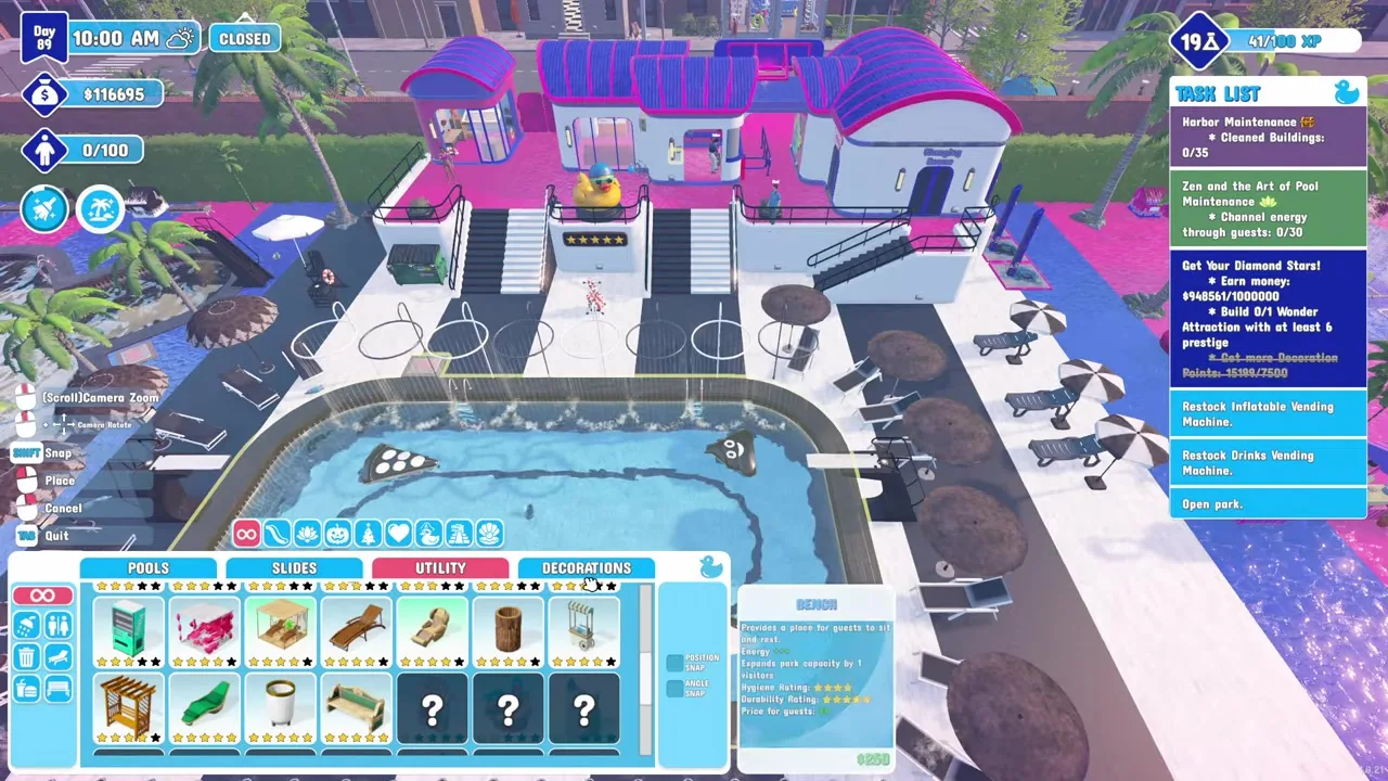 Waterpark Simulator testing a custom slide before opening the park